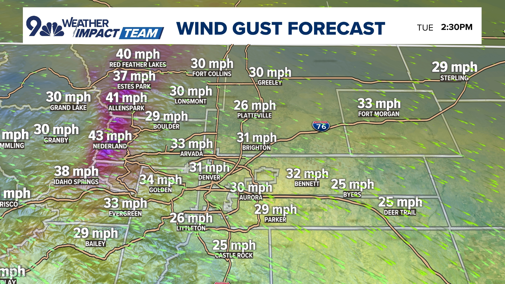 It's a cold and windy Tuesday with some 60-70 mph gusts possible in the foothills tonight and Wednesday morning.