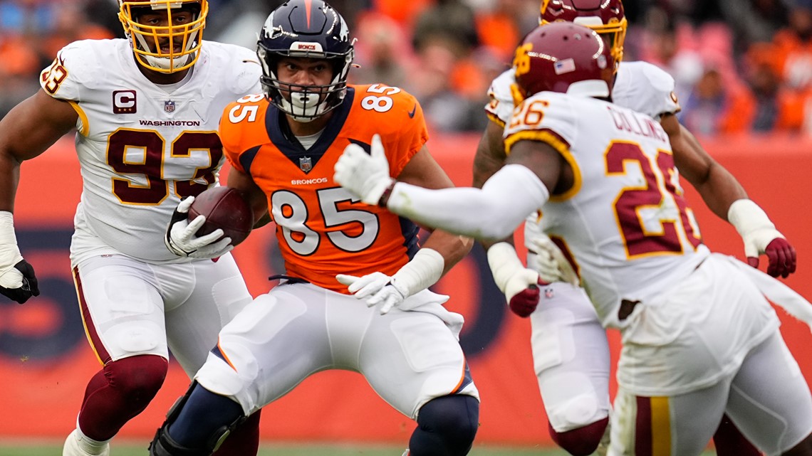 Denver Broncos rookie tight end Greg Dulcich during the opening session of  the NFL football team's training camp Wednesday, July 27, 2022, in  Centennial, Colo. (AP Photo/David Zalubowski Stock Photo - Alamy