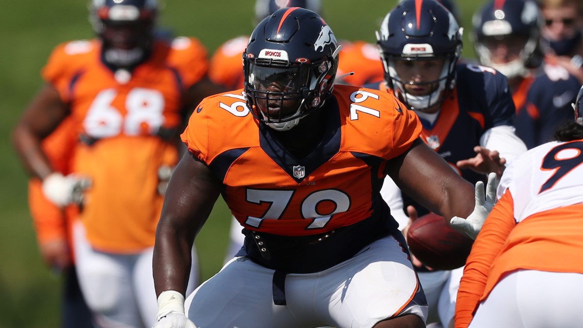 Denver Broncos offensive tackle Quinn Bailey (75) runs during a practice  session in Harrow, England, Thursday, Oct. 27, 2022. The Denver Broncos  will play the Jacksonville Jaguars in an NFL regular season