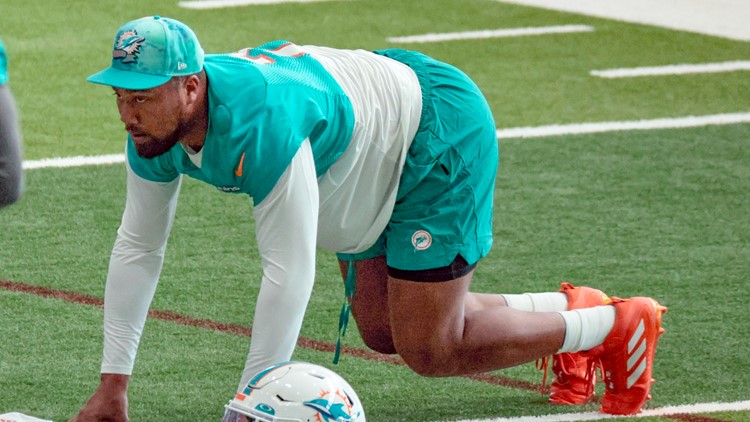 Miami Dolphins linebacker Bradley Chubb (2) watches a replay