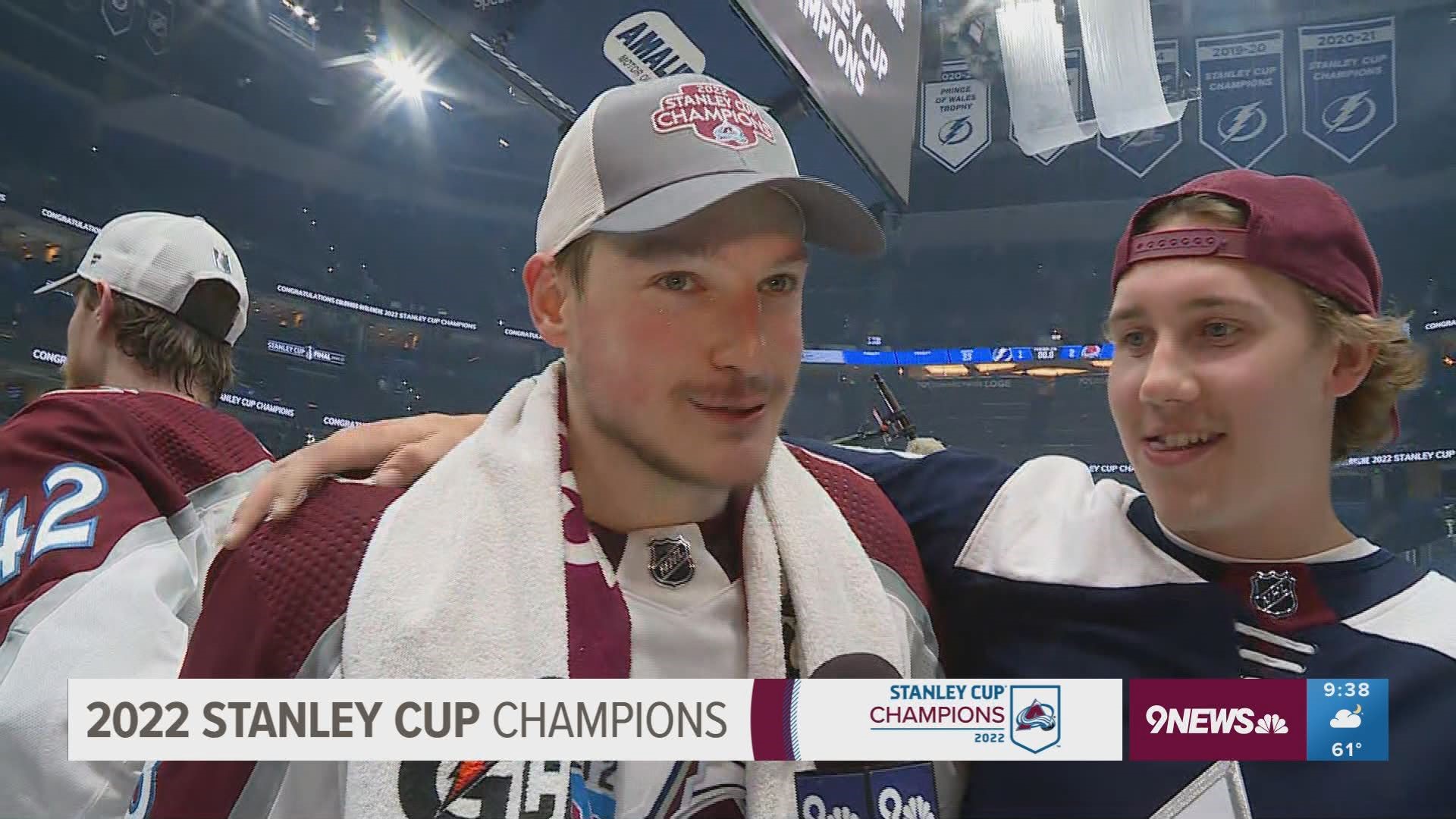9NEWS' Arielle Orsuto checks in with players after the Avalanche Stanley Cup victory.