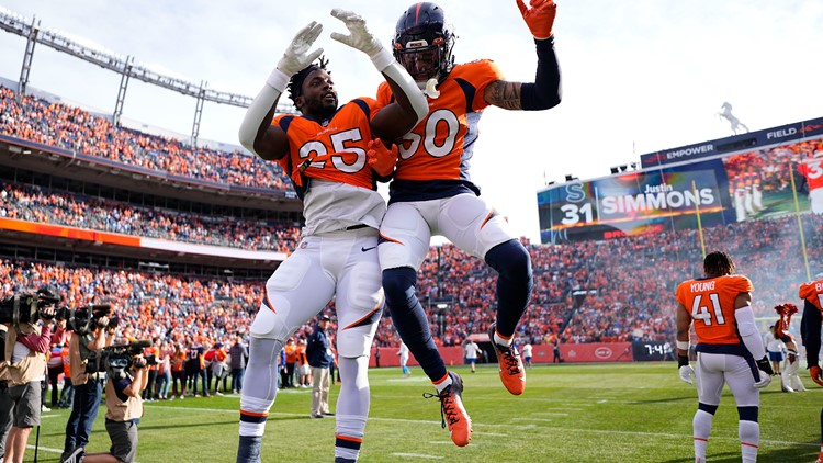 Denver Broncos wide receiver Tim Patrick (81) takes the field with  teammates before an NFL football game against the Los Angeles Chargers  Sunday, Nov. 28, 2021, in Denver. (AP Photo/Jack Dempsey Stock