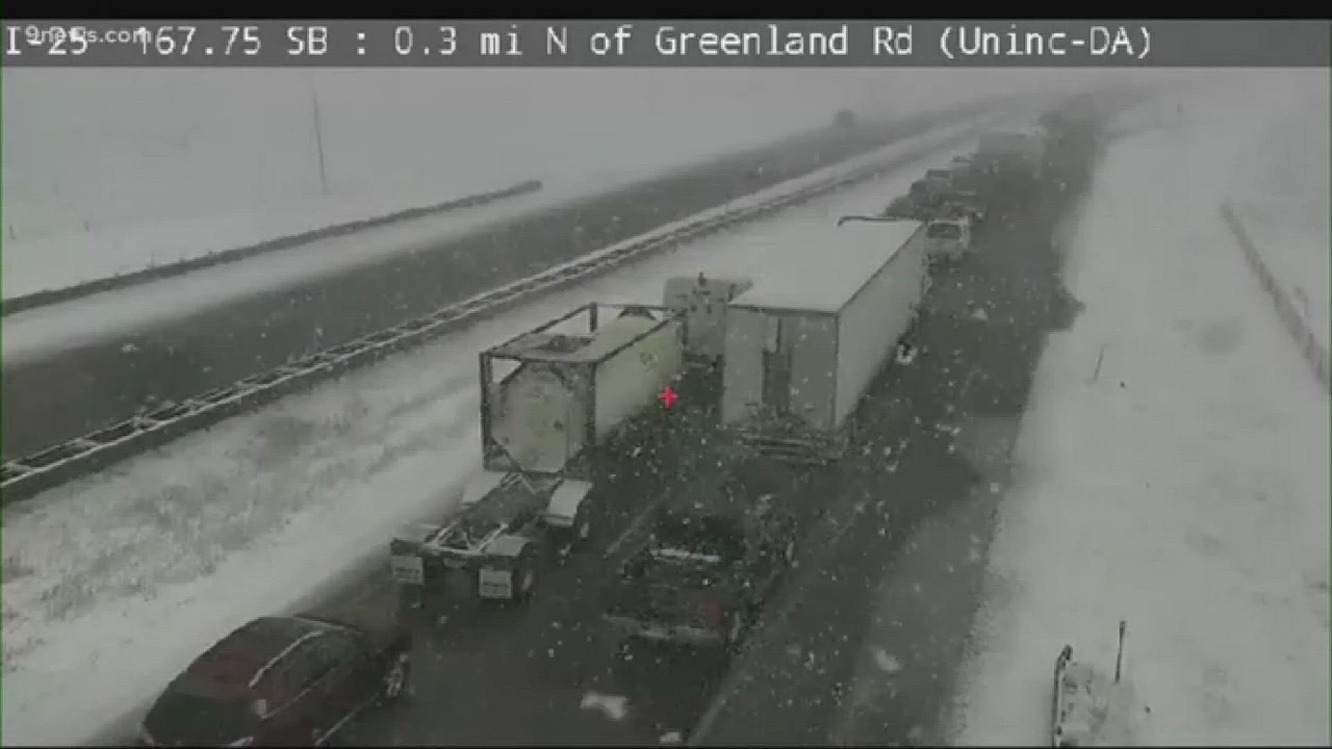 Colorado State Patrol said there were multiple crashes on Interstate 25 near Greenland, south of Castle Rock. CSP said that at least 20 cars and semis are involved.