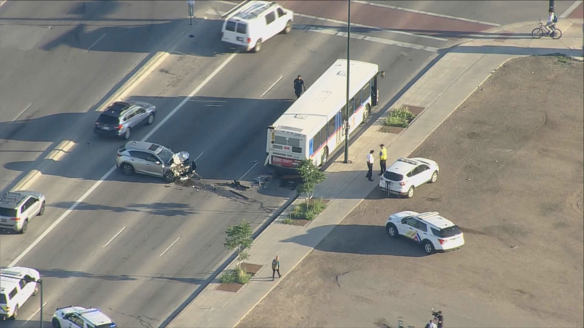 Several lanes of northbound Federal Boulevard were closed Wednesday morning after a crash involving an RTD bus.