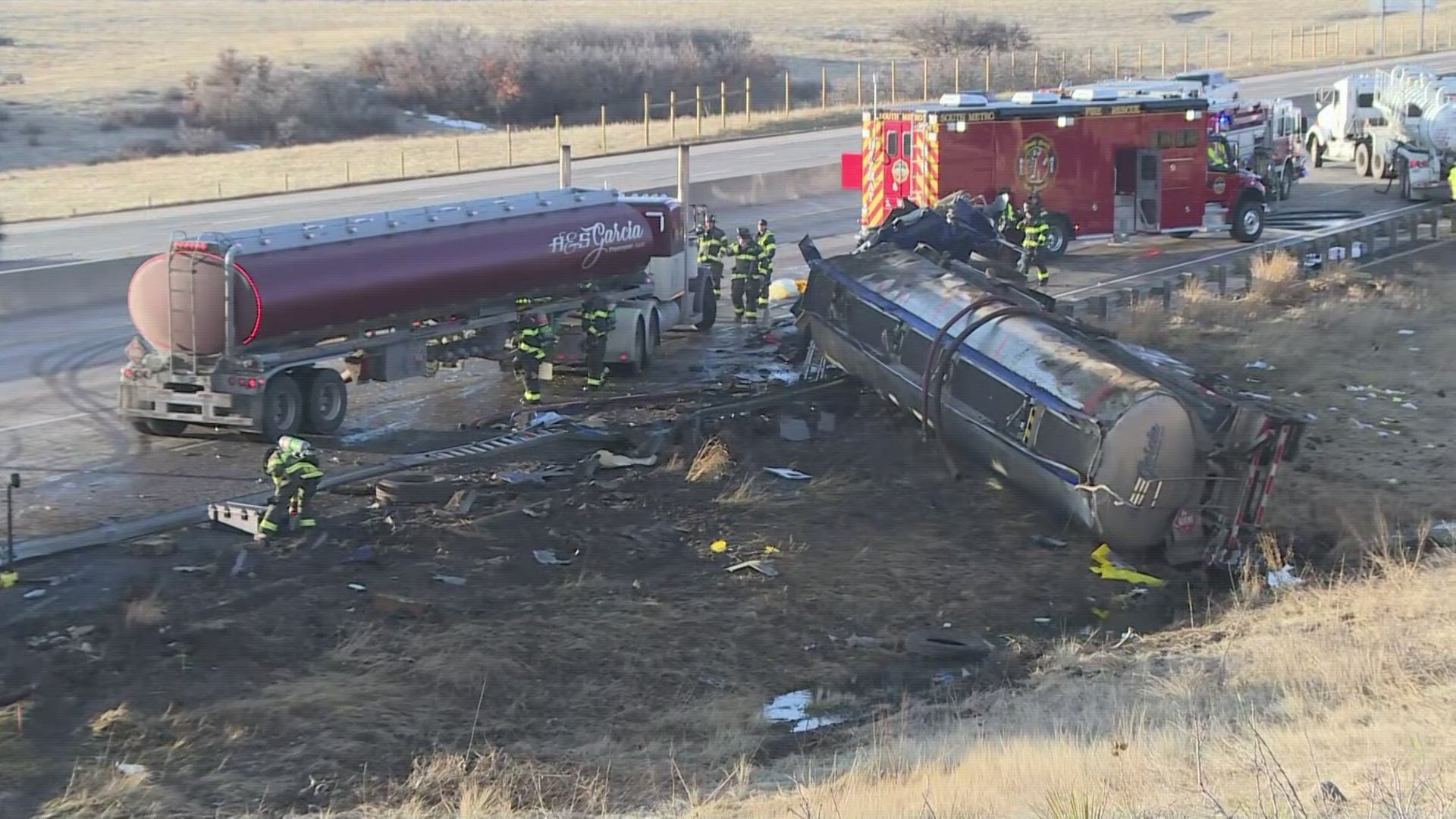 About 2,500 gallons of the truck's 8,000-gallon maximum load spilled into the ditch on the side of Interstate 25 in Castle Pines.