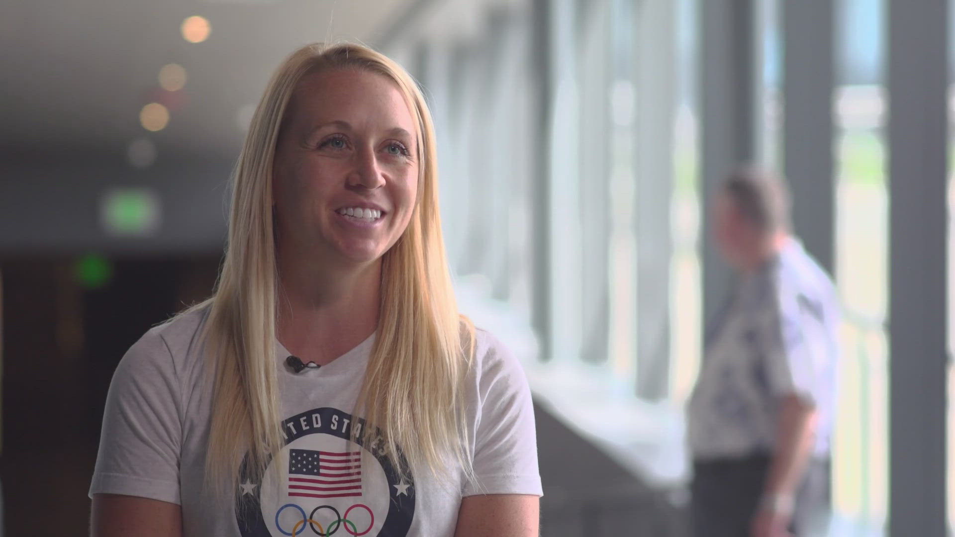 Sammy Schultz, a pentathlete who competed in Tokyo in 2021, watched this year's opening ceremony in Colorado Springs.