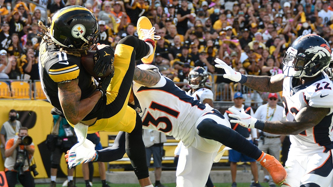 Pittsburgh Steelers cornerback James Pierre intercepts a pass from Denver  Broncos quarterback Teddy Bridgewater in the end zone during the second  half of an NFL football game in Pittsburgh, Sunday, Oct. 10