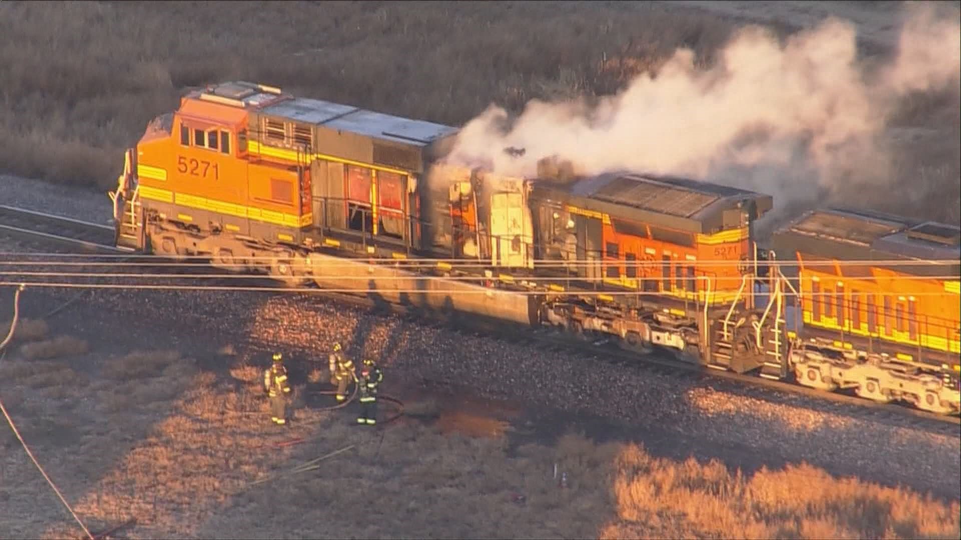 SKY9 was over the BNSF train that caught fire Thursday morning along Highway 2 and 104th Avenue.