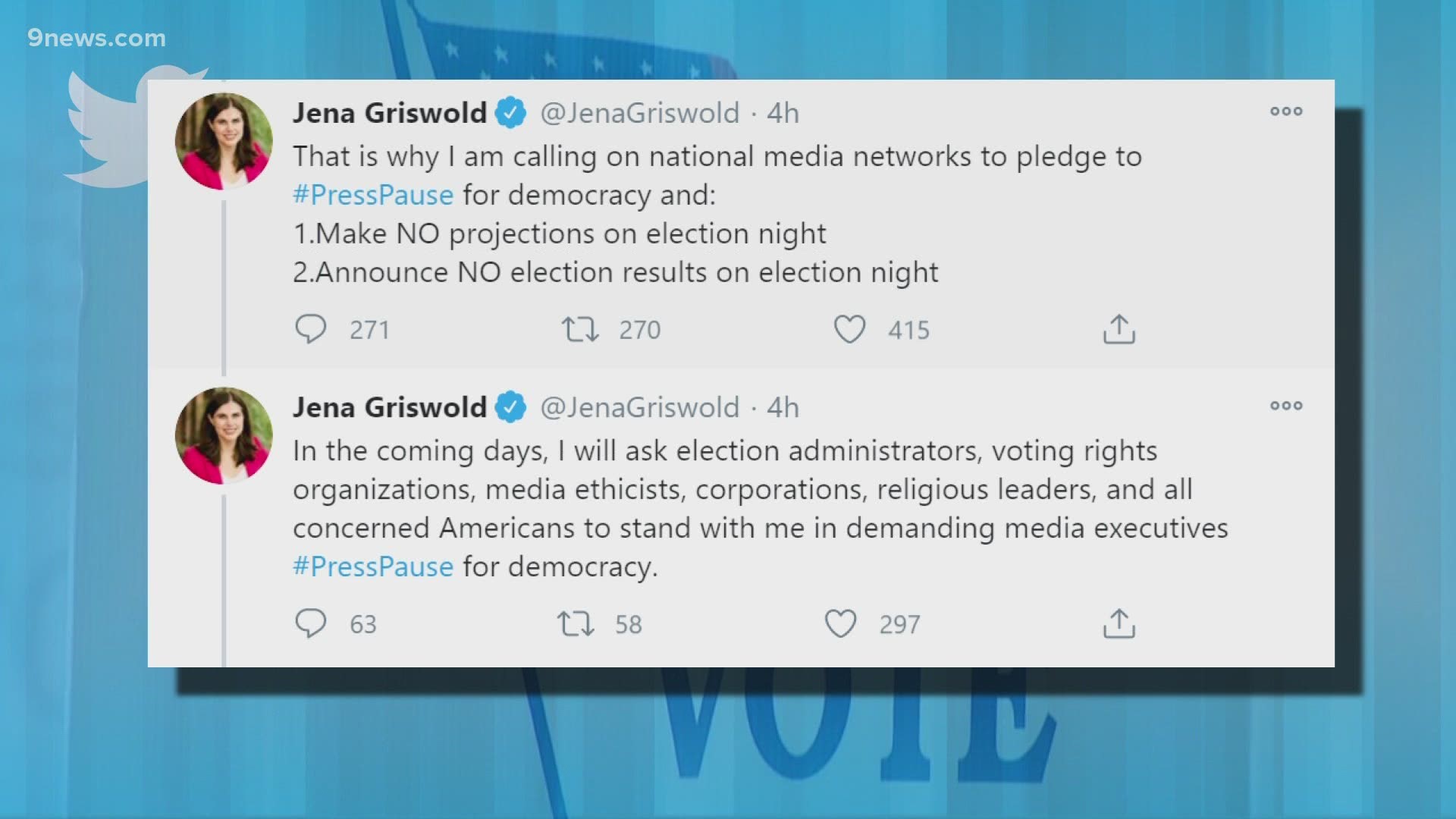 Secretary of State Jena Griswold called for journalists to withhold vote totals because Pres. Trump may declare victory prematurely, as mail-in ballots are tallied.