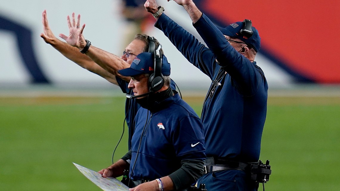 Denver Broncos head coach Vic Fangio wears a Crucial Catch pass on his  sweatshirt during the second half of an NFL football game against the New  England Patriots, Sunday, Oct. 18, 2020