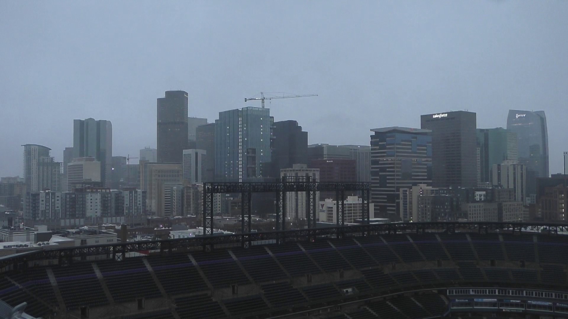 Here's a live look at downtown Denver, Colorado as rain turns into heavy, wet snow.