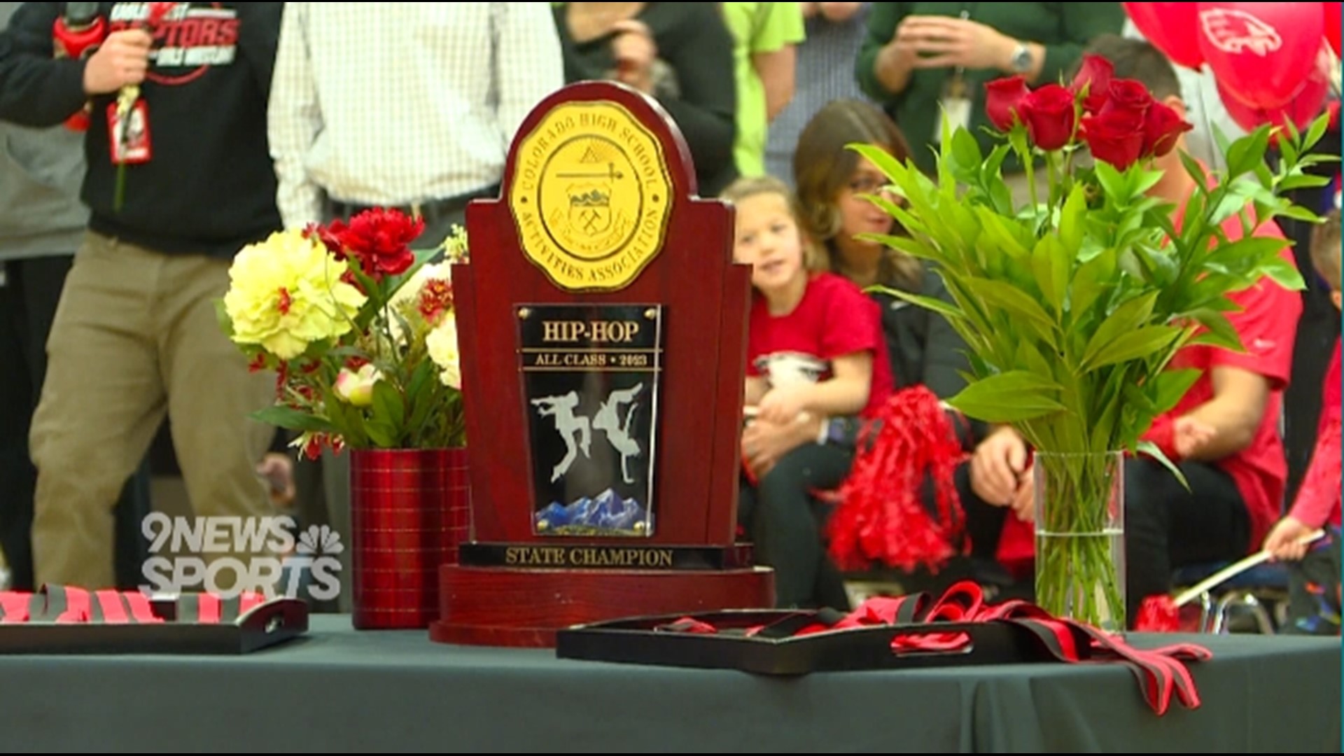 The Eaglecrest dance team celebrated their 3rd consecutive state title in an assembly in front of their peers