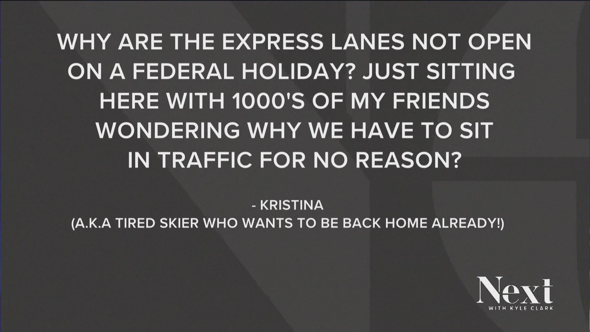 The express lanes don't meet federal standards for full time lanes - they're too narrow - so CDOT can only open them 100 days a year.