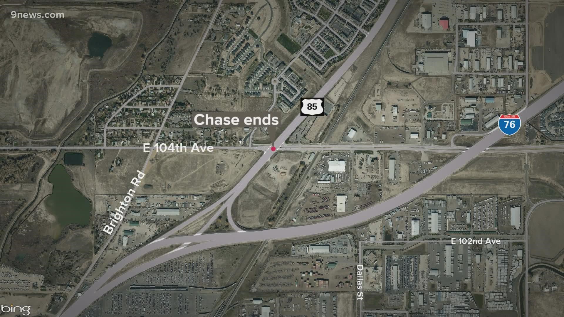 The chase started at 80th and Federal. It went down I-25, over to 76, to Peña Boulevard, and up to Commerce City before ending at 104th and Highway 85.