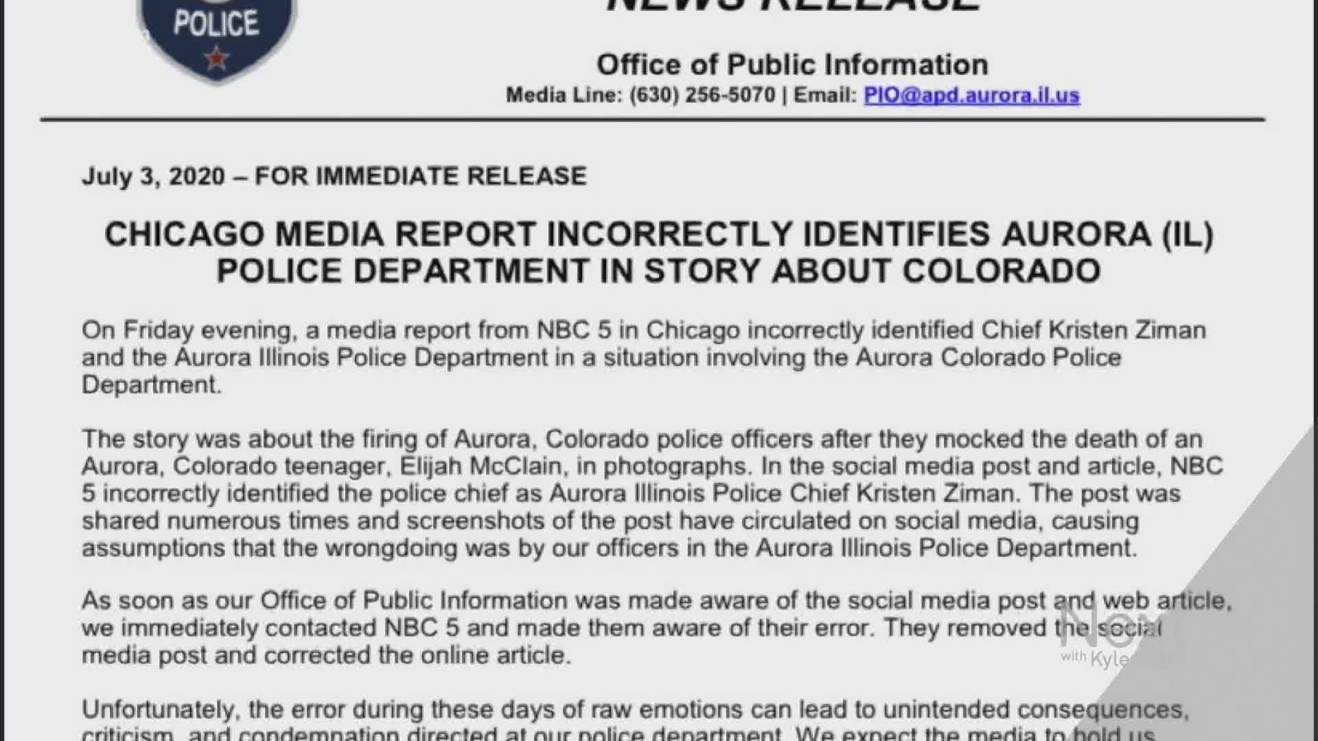 The Aurora, Illinois Police Department has had to deal with people complaining about Aurora, Colorado's embattled police department.