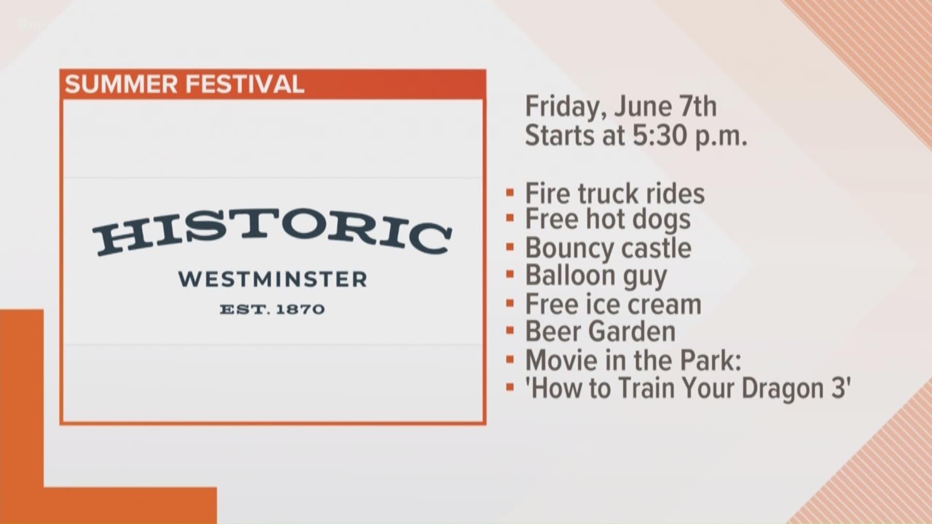 The Historic Westminster Summer Festival is set for Friday and Saturday in the Historic Westminster Arts District. Friday’s festival begins at 5:30 p.m. with food, beer garden, live music, kids’ activities, fire truck rides, free ice cream and hot dogs and “How to Train Your Dragon: The Hidden World.” The festival will continue Saturday from 9 a.m. to 8 p.m. with crafts, vendors, live music, live entertainers, church yard sale, model train show, car and motorcycle show and more.