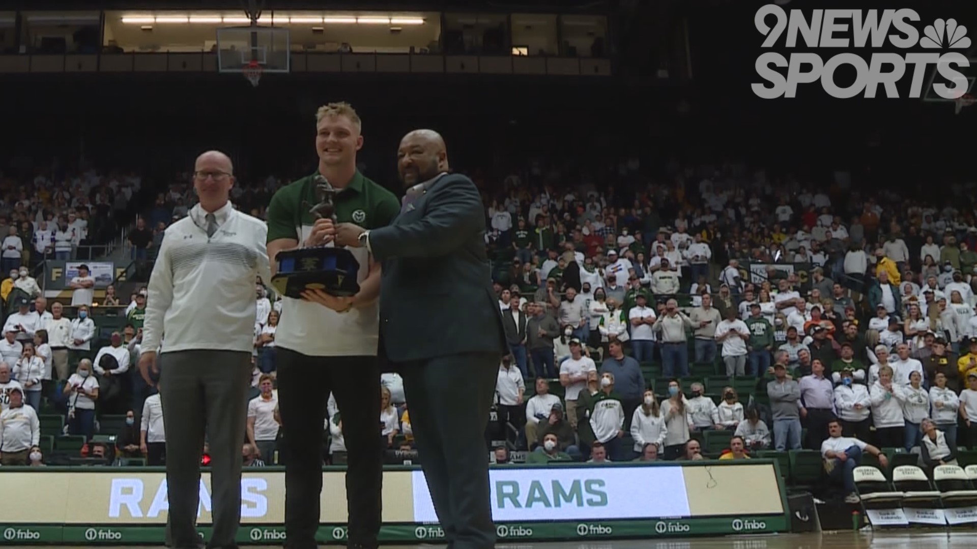 Colorado State's Trey McBride was recognized for winning the Mackey Award this season at a CSU basketball game this week.