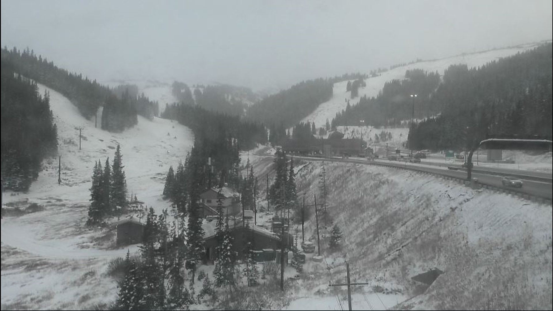 A live look at snowy conditions Tuesday morning near the Eisenhower-Johnson Memorial Tunnels.