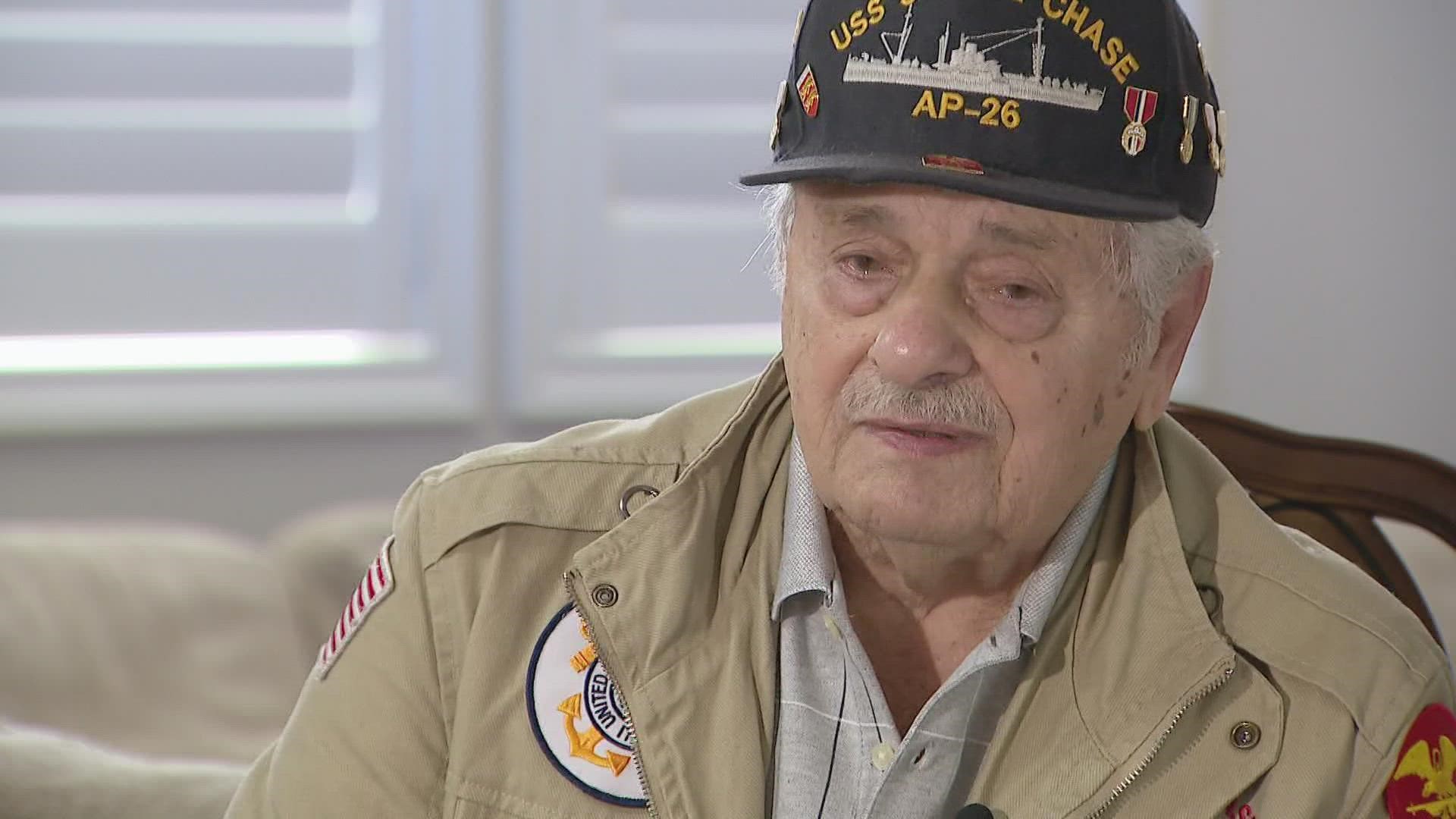 Frank made 15 trips to Omaha Beach in a small craft during the D-Day invasion, ferrying soldiers and returning to his Navy Transport Ship with the wounded or dead.