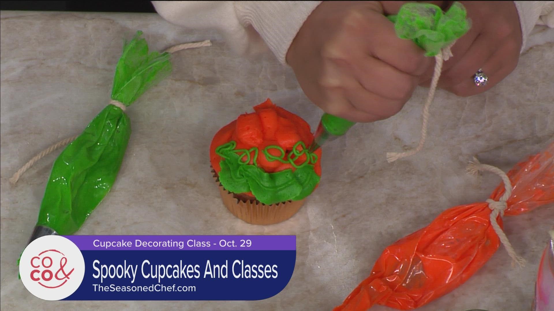 Celebrate Halloween with these spooky cupcakes! Take the class on October 29th. Visit TheSeasonedChef.com for the list of upcoming events and classes.