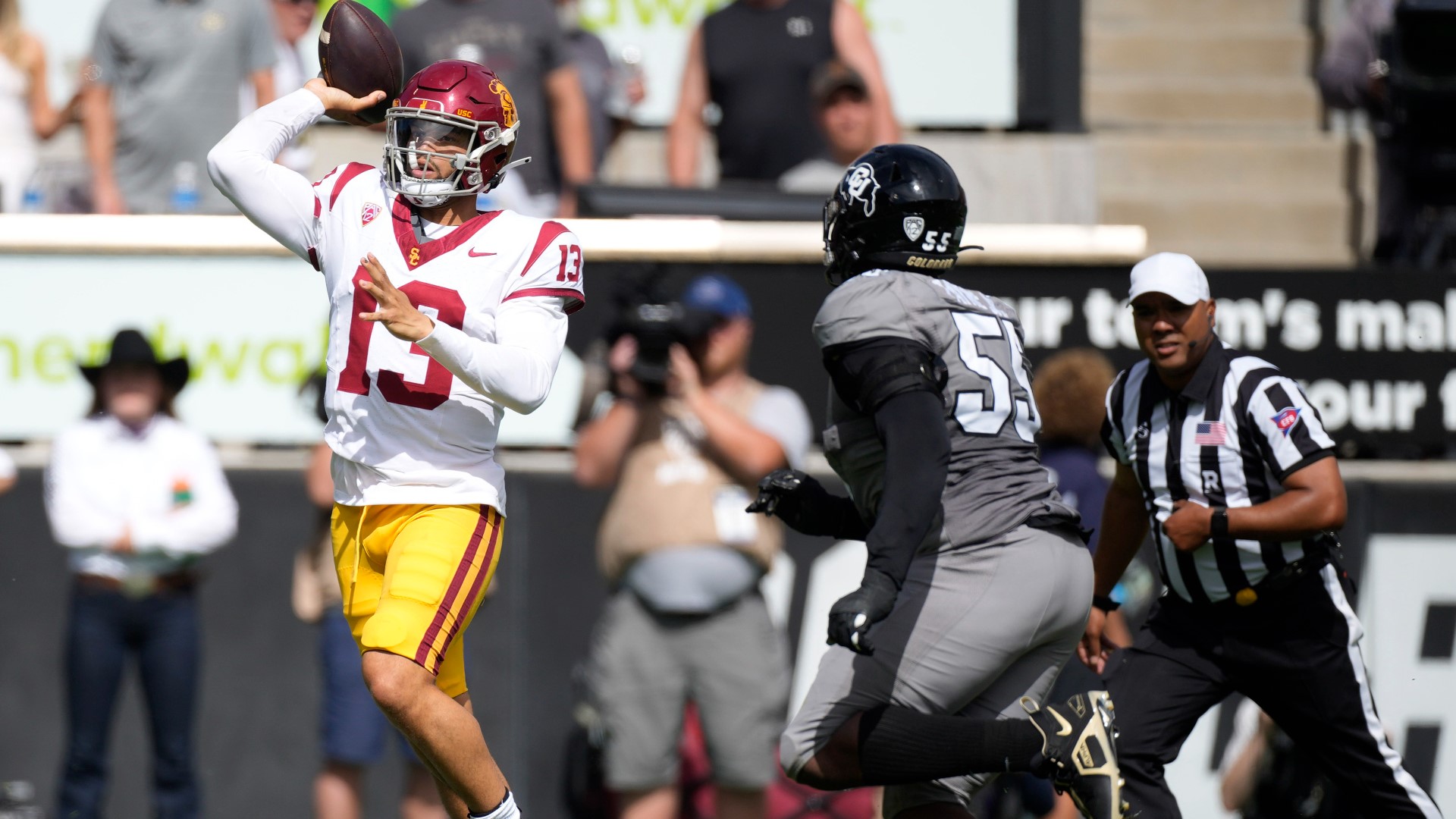 Reigning Heisman Trophy winner Caleb Williams threw for a career-high six touchdowns at Folsom Field on Saturday.