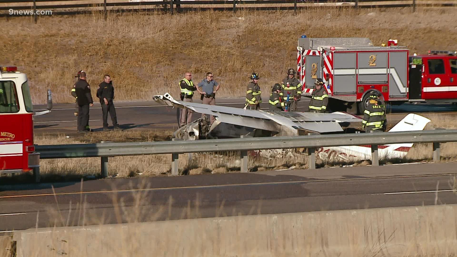 The plane landed in the median of E-470 at Jamaica Road, South Metro Fire Rescue said. The two people on board were taken to the hospital with minor injuries.