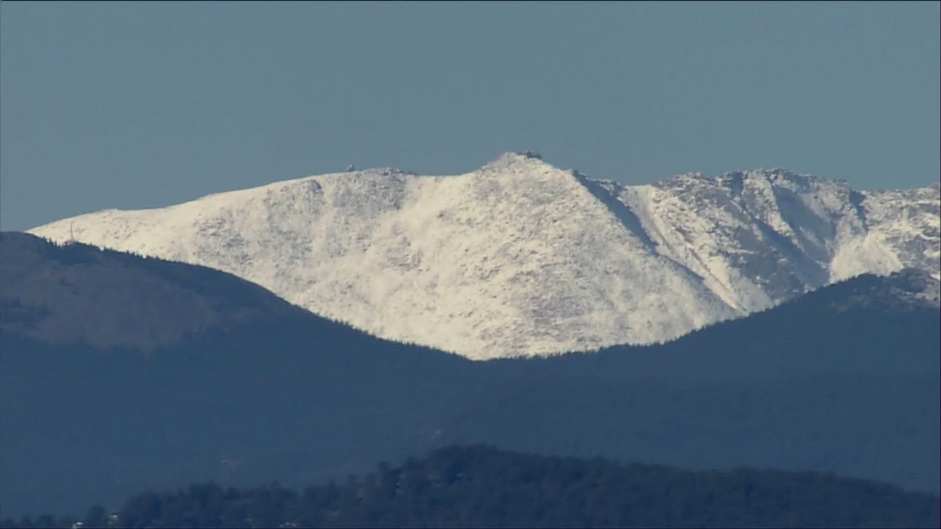 There is still snow showing from Friday's storm on some of the peaks to the west of Denver, including the newly-named "Mount Blue Sky".