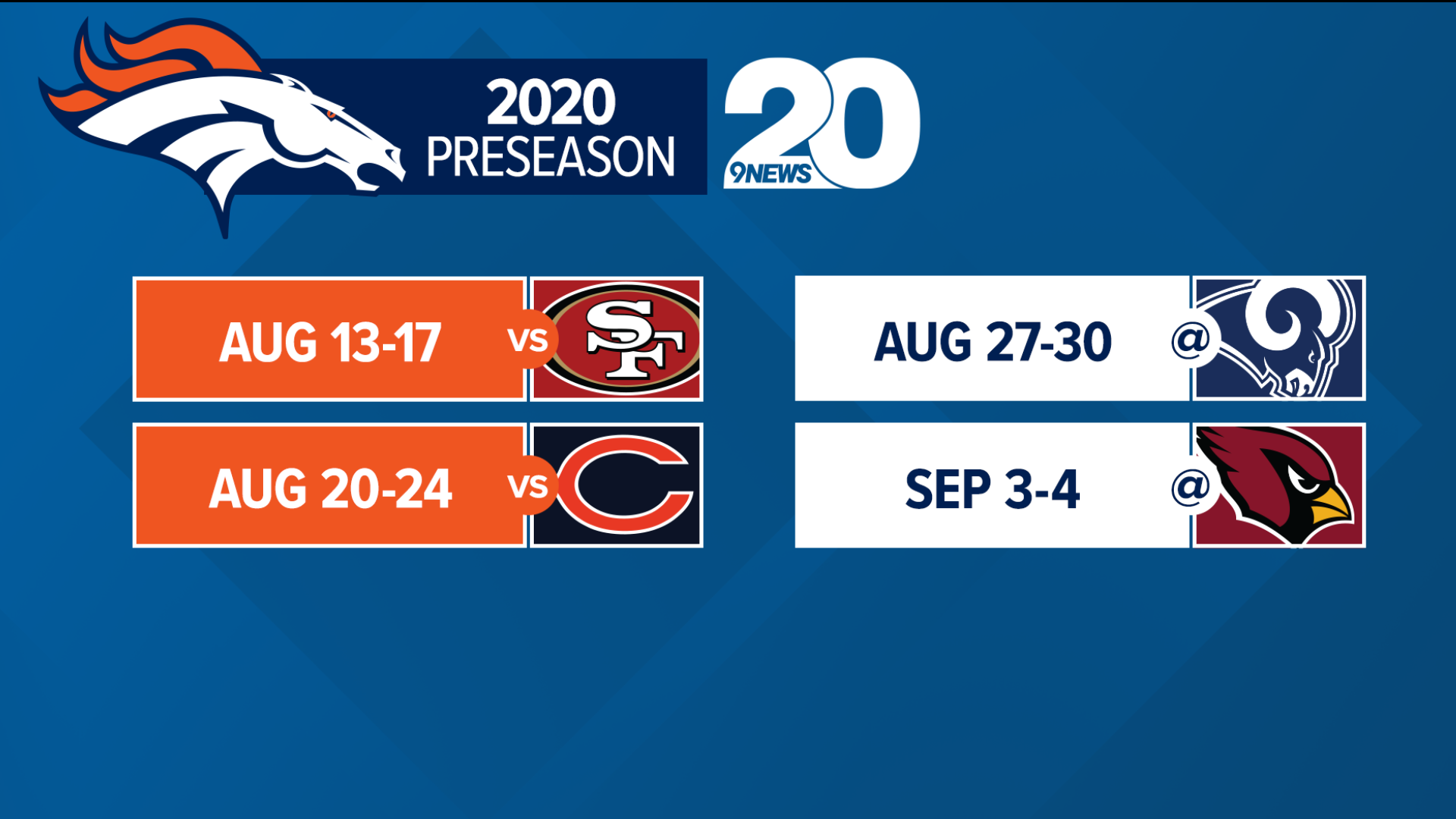 Denver Broncos 2020 NFL preseason and regular season schedule | 9news.com