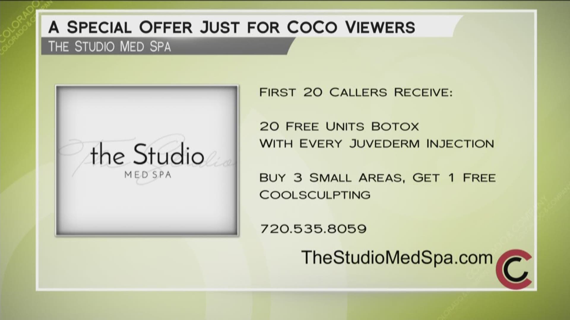 The Studio Med Spa has the best spa experience and aesthetic beauty services in Colorado. The first 20 callers to 720.535.8059 can get 20 units of Botox with every Juvederm injection. Also, when you buy three small Coolsculpting areas, you get the fourth for free! Learn more at www.TheStudioMedSpa.com. 
THIS INTERVIEW HAS COMMERCIAL CONTENT. PRODUCTS AND SERVICES FEATURED APPEAR AS PAID ADVERTISING.