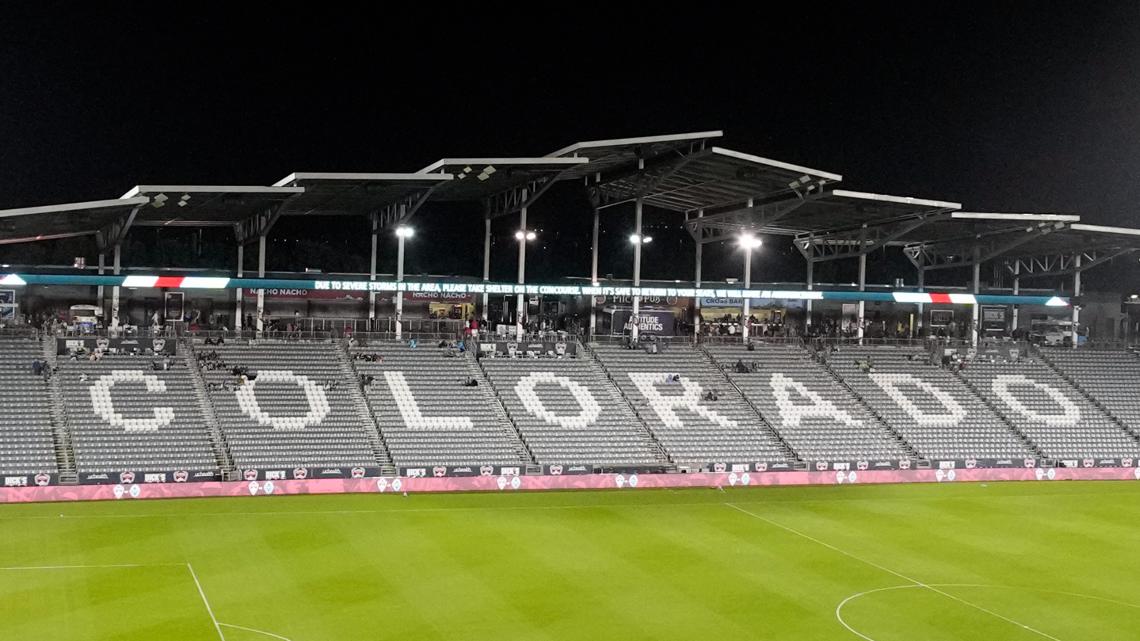 As viewed through a fisheye lens, storm clouds build over the stadium  before an MLS soccer match between the New England Revolution and the  Colorado Rapids on Thursday, July 4, 2019, in