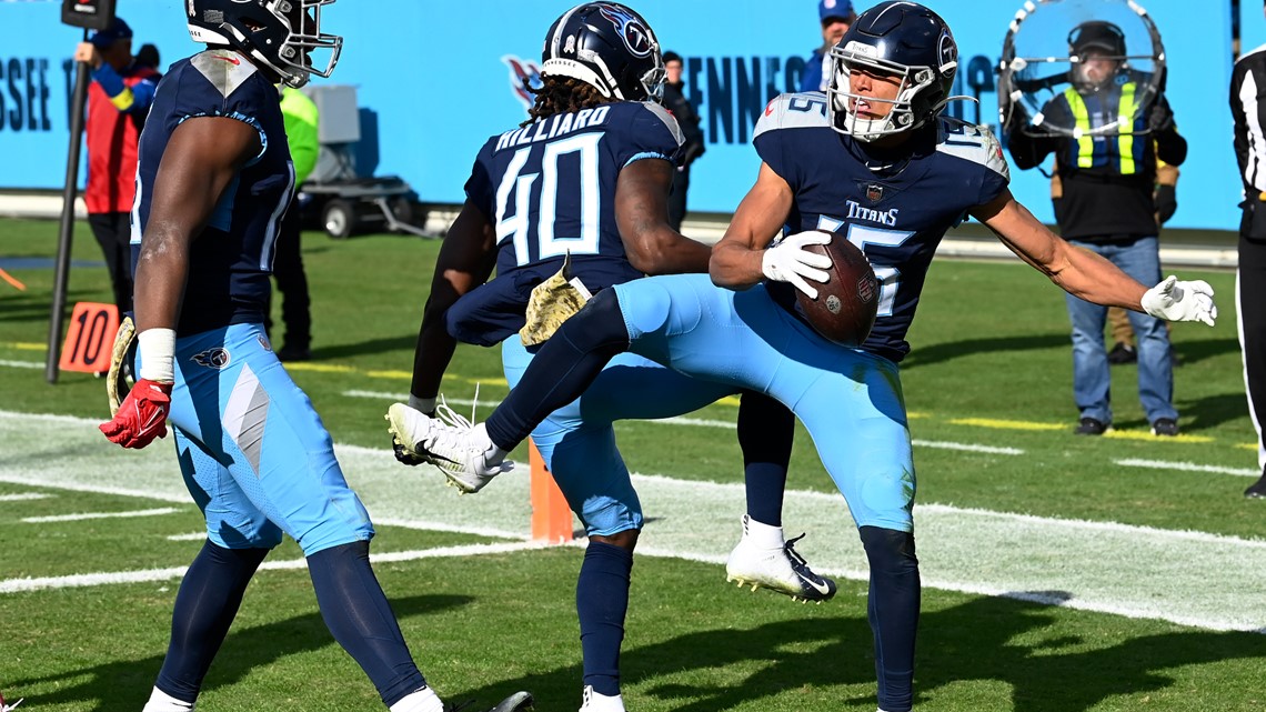 Denver Broncos wide receiver Tyrie Cleveland (16) plays against the  Tennessee Titans during the first half of an NFL football game Sunday, Nov.  13, 2022, in Nashville, Tenn. (AP Photo/Mark Zaleski Stock