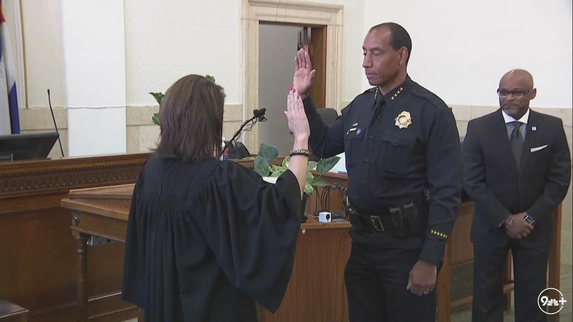 Ron Thomas, a 33-year veteran of the Denver Police Department, was sworn is as the city’s next chief of police on Tuesday morning.