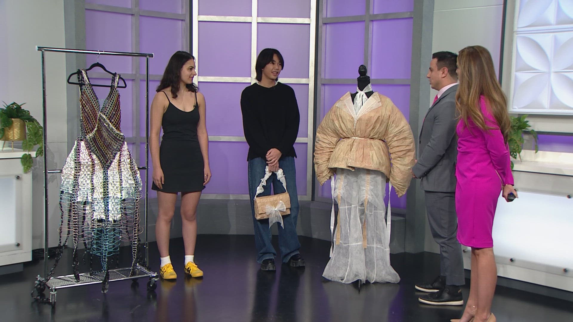 Two designers from the Trash the Runway design competition join 9NEWS mornings to share more about the inspiration behind their designs.