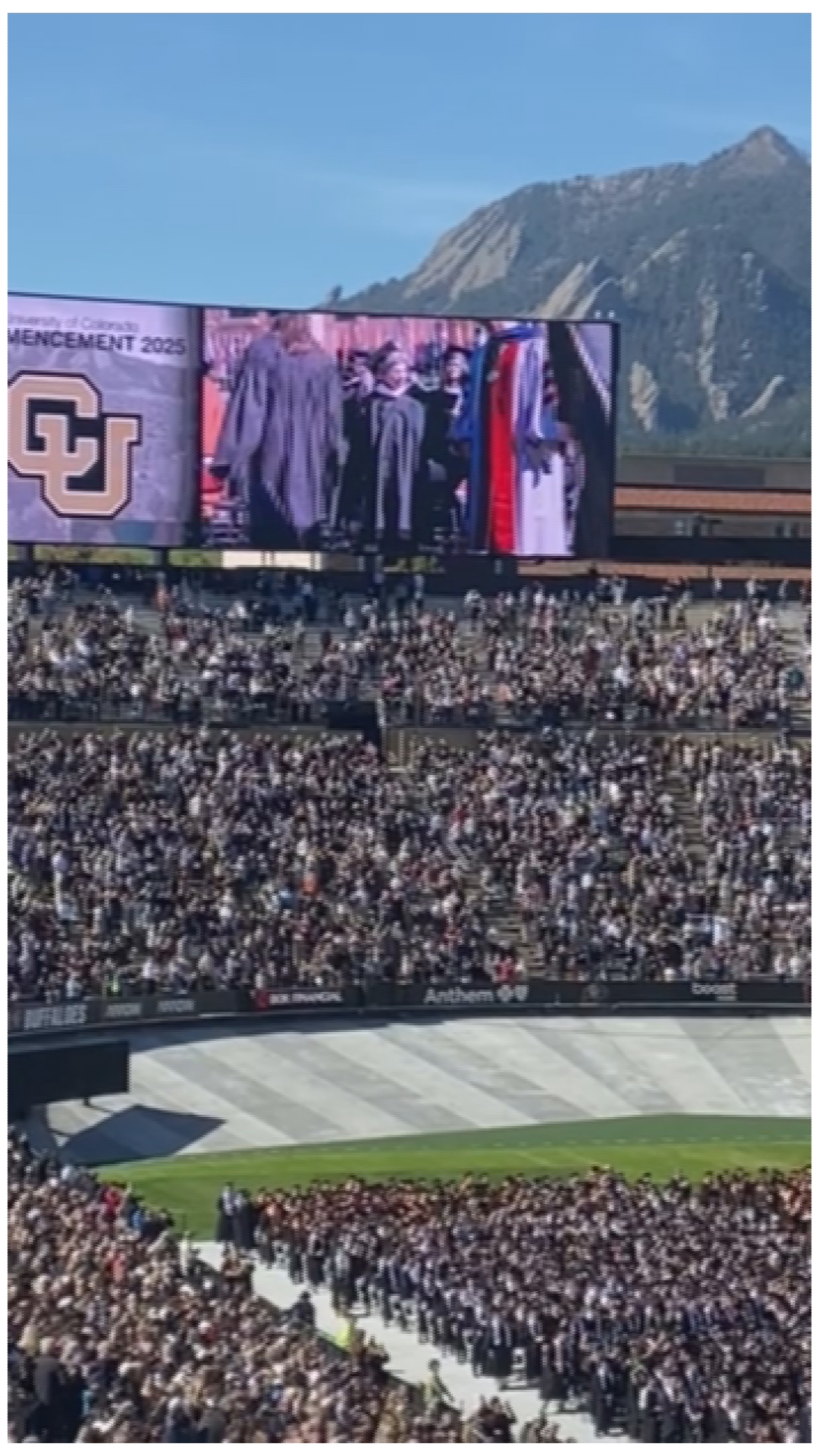 CU Boulder students started to cheer when they put Buffs superfan Peggy Coppum on the screen during the 2025 graduation ceremony.
