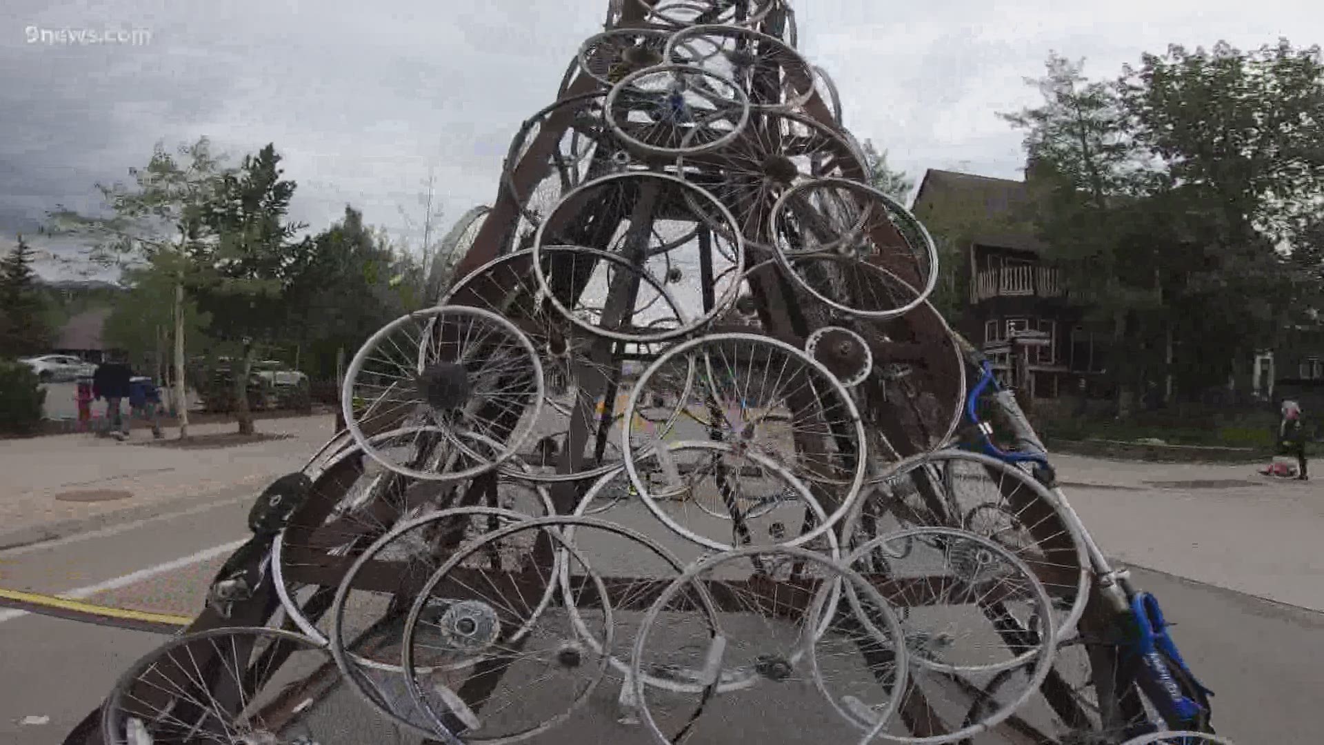 The 30-foot tall Bikeful Tower is made from hundreds of bike parts and is normally on display during big bike races.
