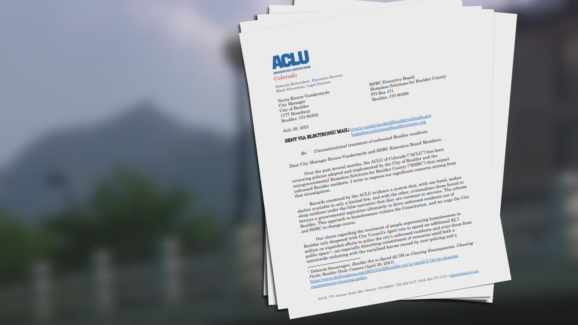The ACLU of Colorado is suing the city of Boulder over its public camping ban. The lawsuit accuses the city of slashing funds for its shelter.