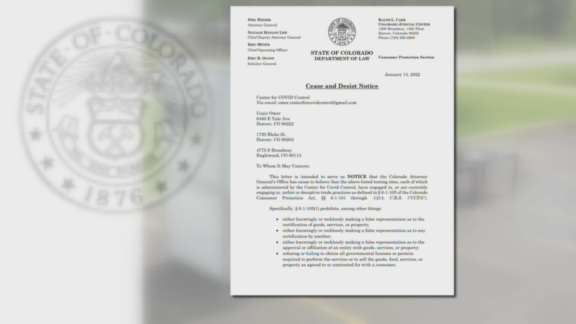 One of the companies, Center for COVID Control, does not have the necessary certifications to perform tests, the Attorney General's office said.
