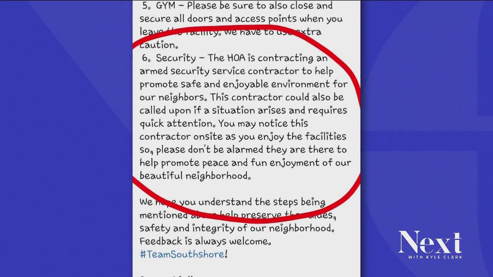 An email says Southshore Master HOA is "contracting an armed security service contractor to help promote safe and enjoyable environment for our neighbors."