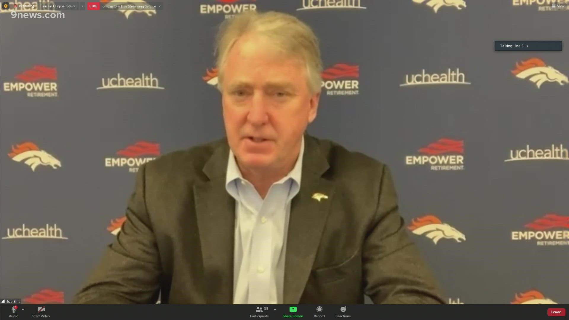 Denver Broncos President & CEO Joe Ellis speaks at a news conference a day after John Elway announces GM departure.