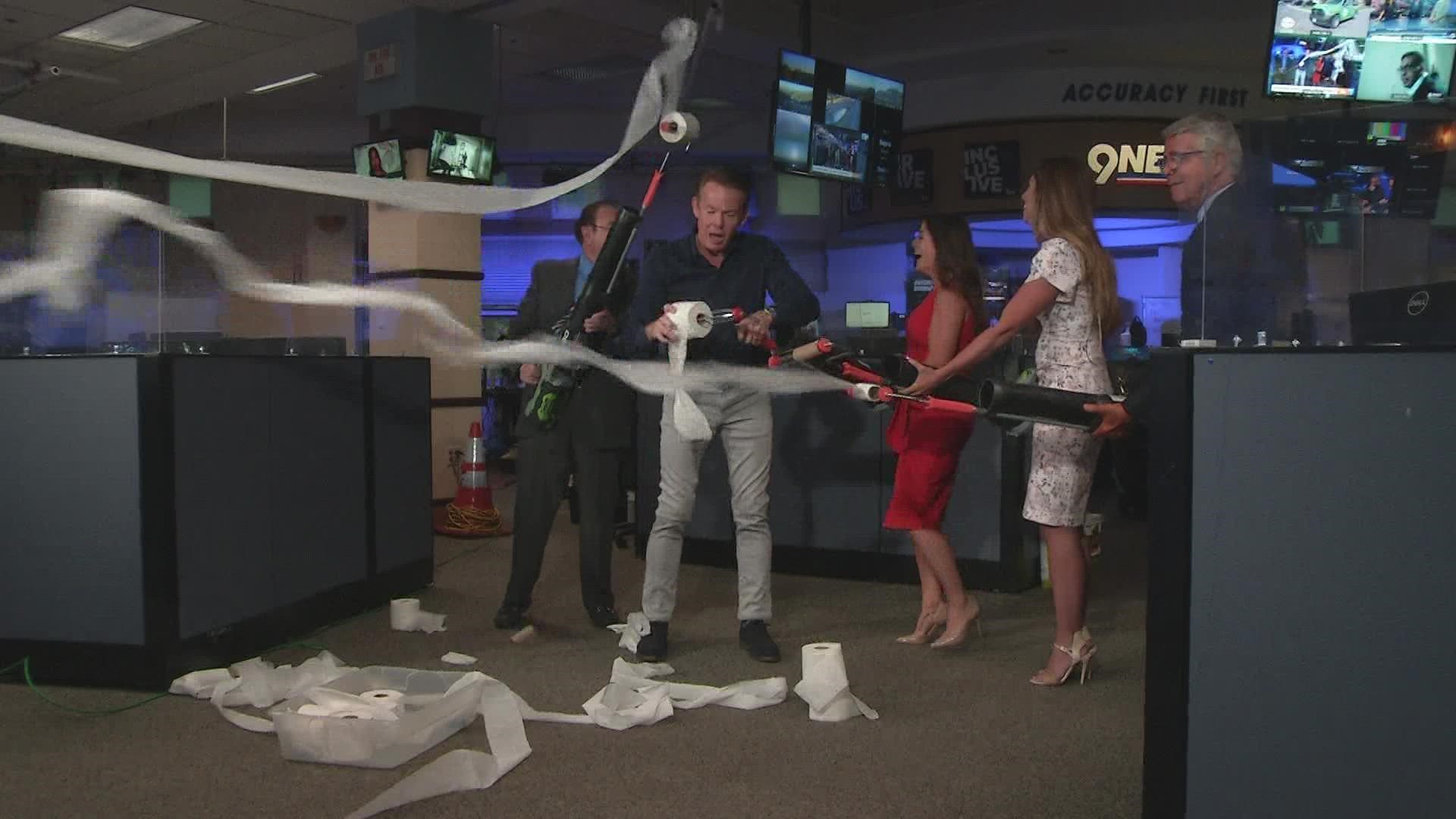 Science guy Steve Spangler shows the 9NEWS morning crew a fun toilet paper launching experiment that created quite the mess!
