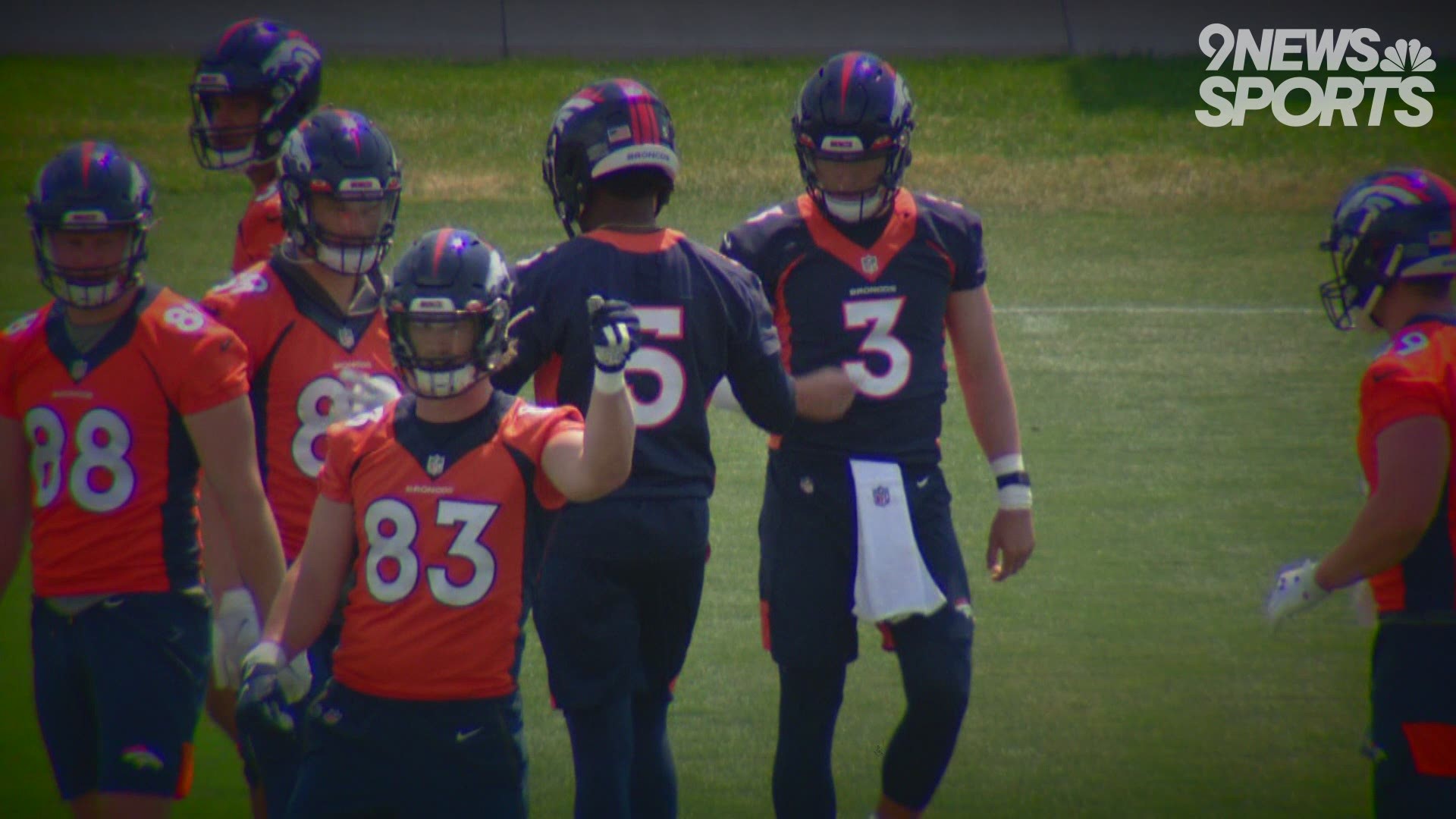 Denver Broncos quarterback Teddy Bridgewater (5) and Denver Broncos  quarterback Drew Lock (3) taking part in drills at an NFL football training  camp at team headquarters Saturday, July 31, 2021, in Englewood