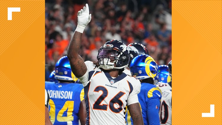 Denver Broncos wide receiver Josh Hammond (37) celebrates a touchdown  against the Los Angeles Rams with quarterback Ben DiNucci (6) during a  preseason NFL football game Saturday, Aug. 26, 2023, in Denver. (