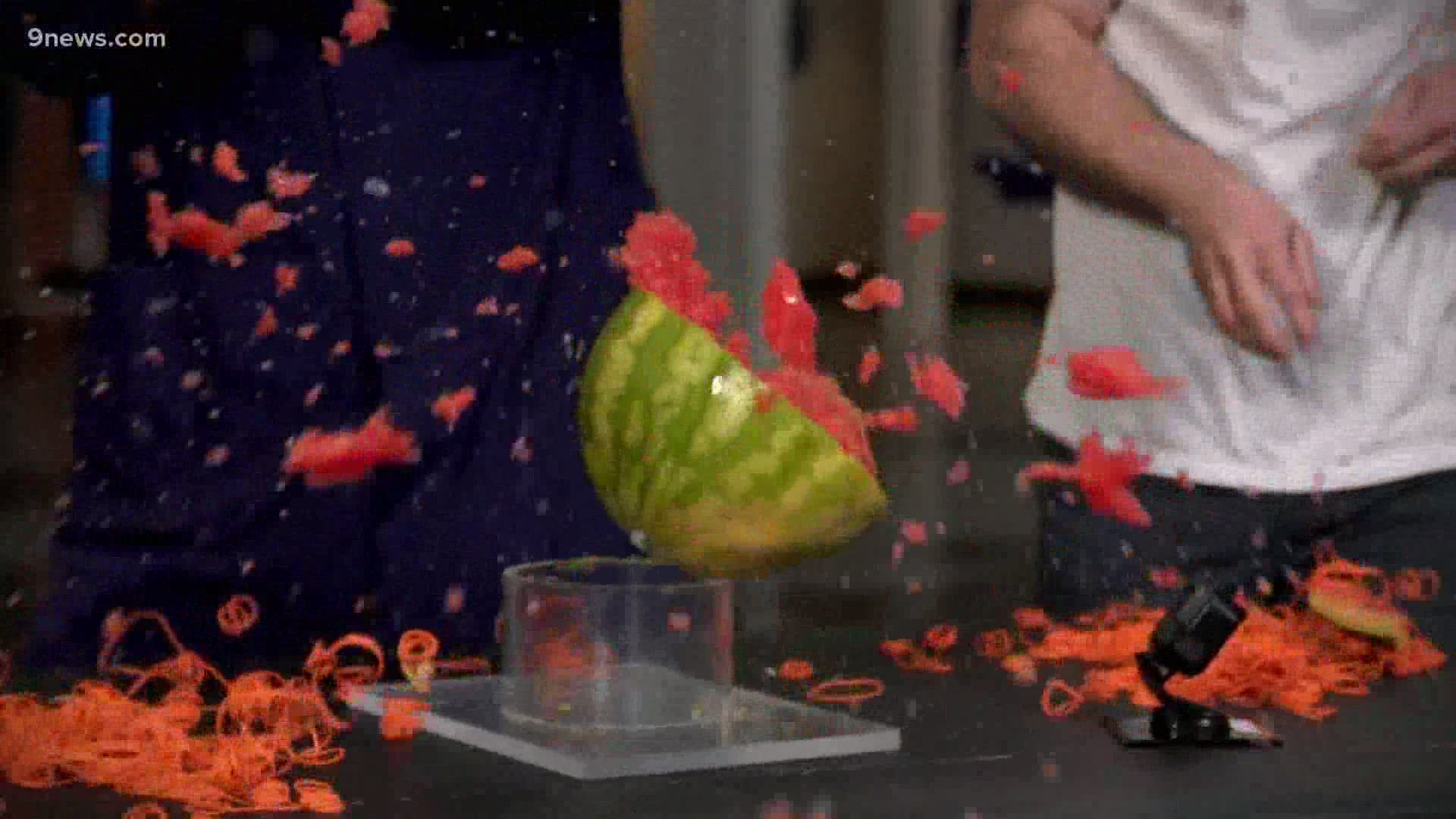 Science guy Steve Spangler shows us how rubber bands can be used to creatively cut a watermelon if you're also ready for a big mess.