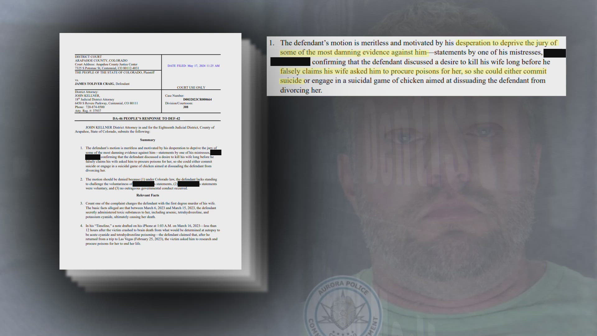 James Craig's mistress told police he talked about "getting rid of" his wife months before her death, according to prosecutors.