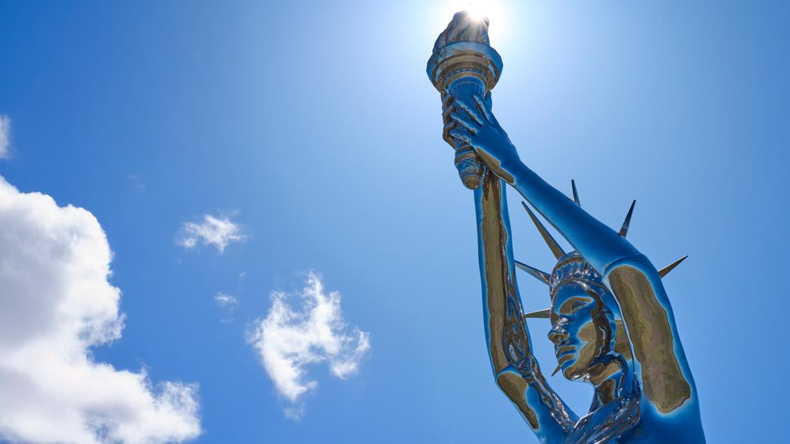 New 58-foot tall 'Liberty' art sculpture installed at The Aurora