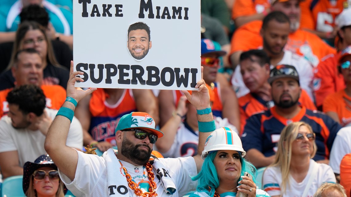 Denver Broncos vs. Miami Dolphins. Fans support on NFL Game