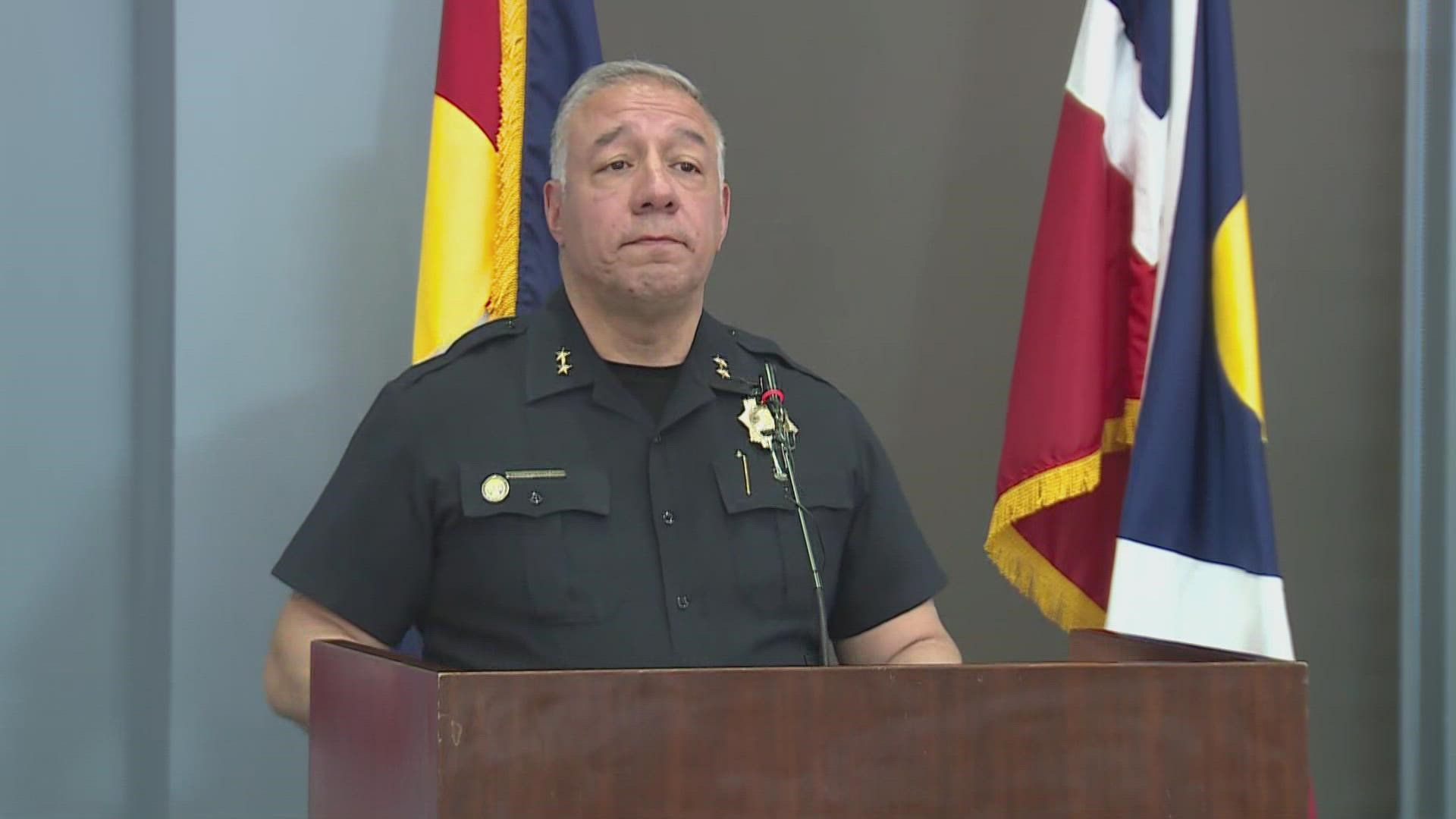 Denver Police Department Division Chief Joe Montoya announces an arrest in the April 26 triple homicide at an apartment on Dunkirk Street in northeast Denver.