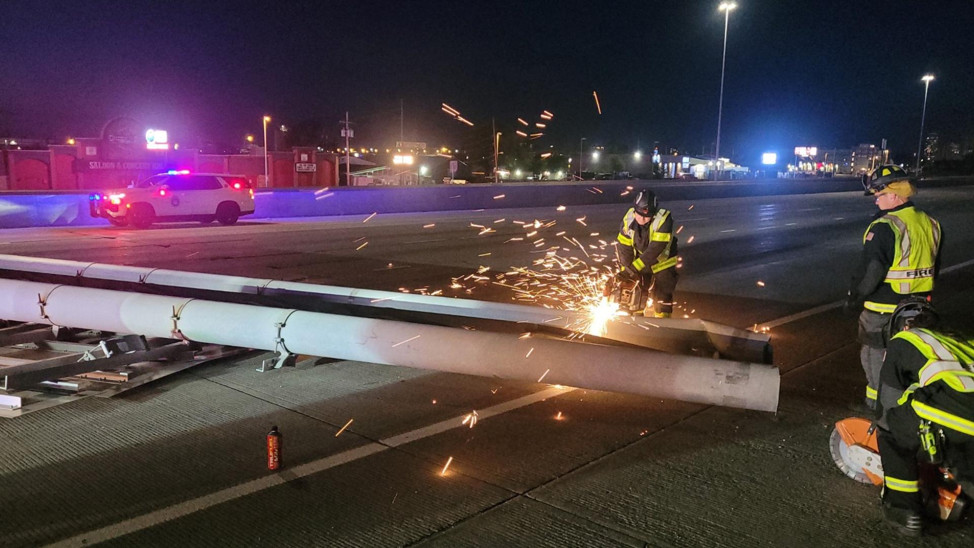 Southbound I-25 is closed at 58th Ave due to a downed sign post. Alternate routes are advised.