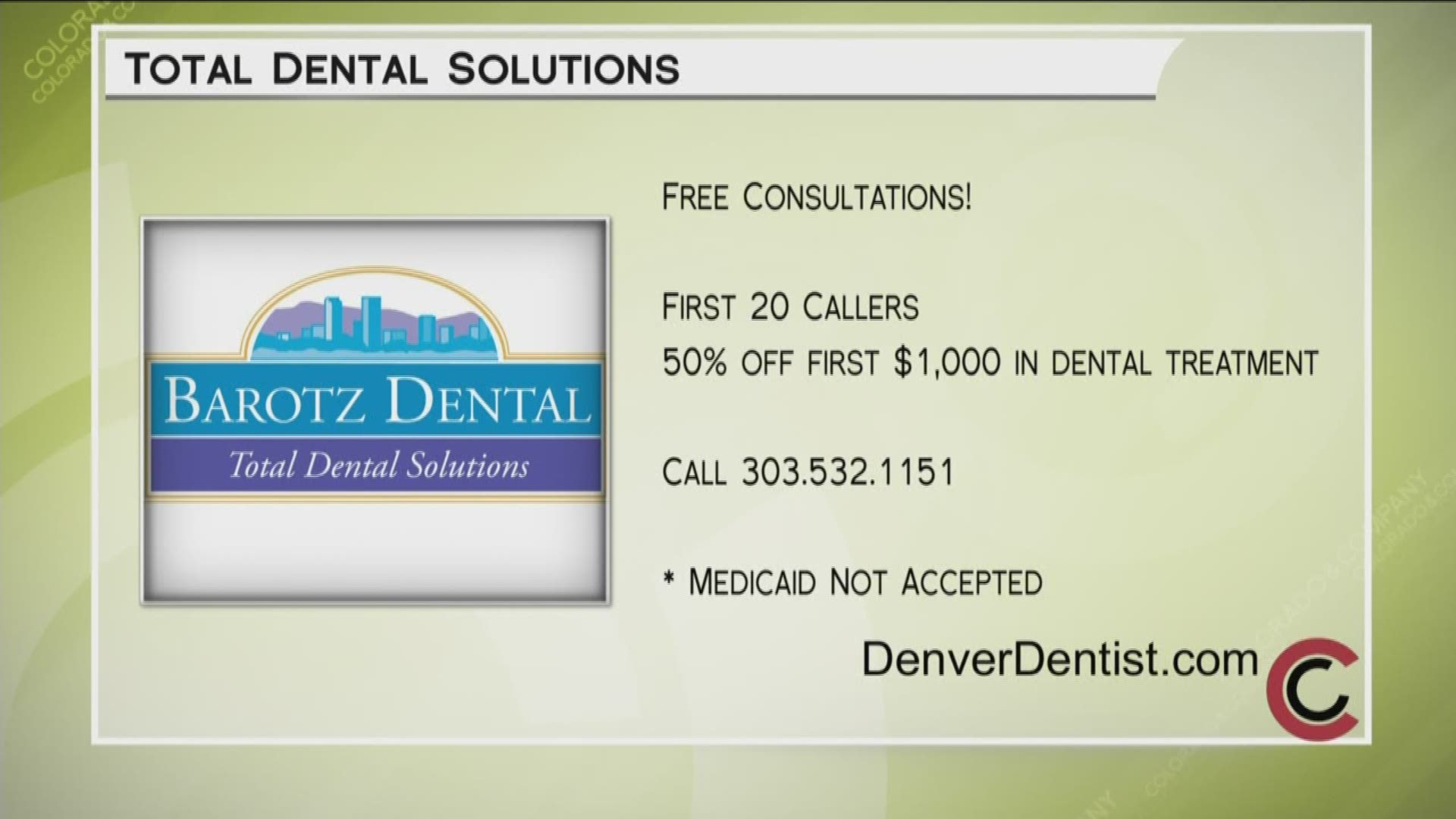 The first 20 callers to 303.532.1151 for 50% off your first $1,000 in dental treatment. Learn more at DenverDentist.com.