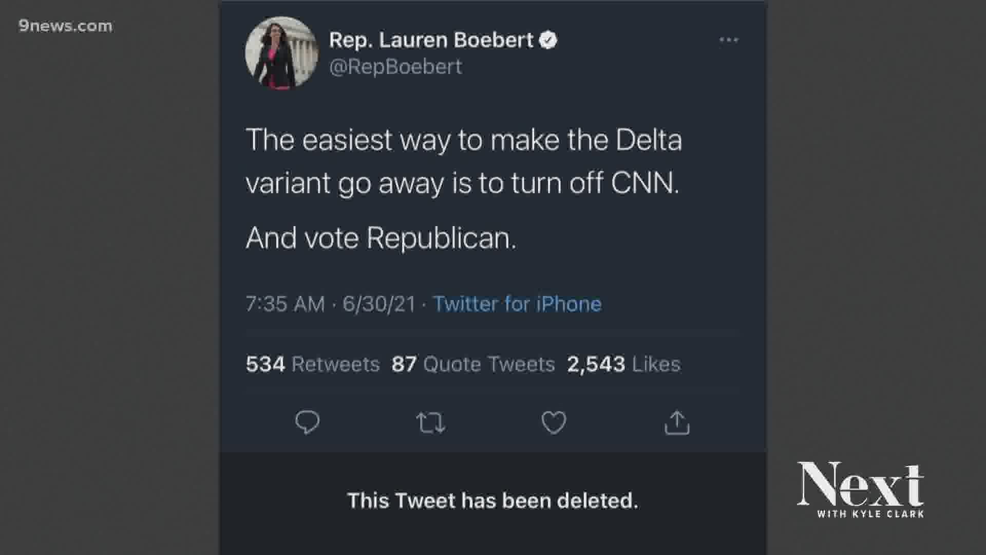 US Rep. Lauren Boebert (R-Rifle) suggested turning off CNN and voting for Republicans would make the Delta COVID variant disappear.